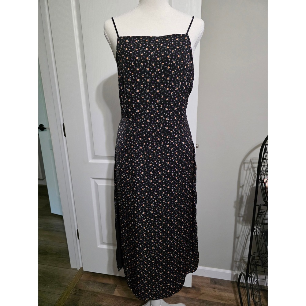 American Eagle‎ Floral Midi Slip Dress Women Medium Black Cutout Back 90s Style